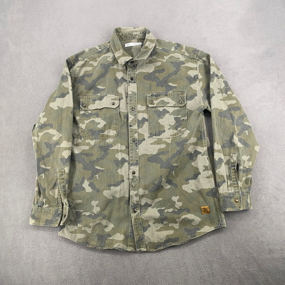 Zara Kids Camouflage Snap Front Utility Shirt Green Brown Size 13-14 CM 164